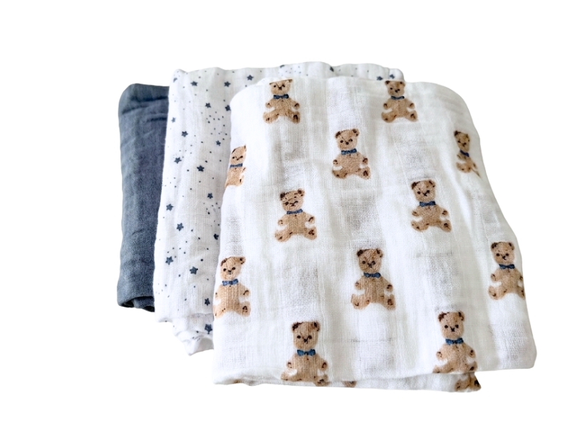 Muselinas mantas recibidoras para bebé - set de 3, ositos, estrellas y azul - GoodMama