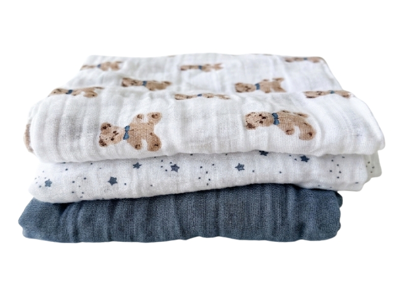 Muselinas mantas recibidoras para bebé - set de 3, ositos, estrellas y azul - GoodMama
