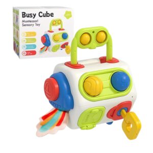 Busy Cube Montessori sensorial para bebé con caja, cohete giratorio de cintas, bolas texturizadas y llave con candado