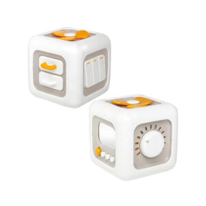 Cubo didáctico sensorial para bebé con hélice giratoria, deslizadores, botones e interruptores