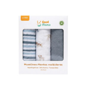 Muselinas mantas recibidoras para bebé - set de 3, perritos, rayas y azul - GoodMama