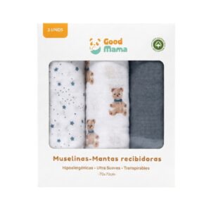 Muselinas mantas recibidoras para bebé - set de 3, ositos, estrellas y azul - GoodMama