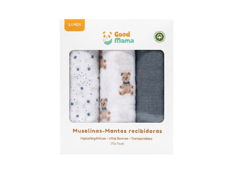 Muselinas mantas recibidoras para bebé - set de 3, ositos, estrellas y azul - GoodMama