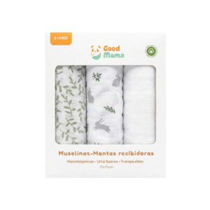 Muselinas mantas recibidoras para bebé - set de 3, conejitos, hojas y blanco - GoodMama