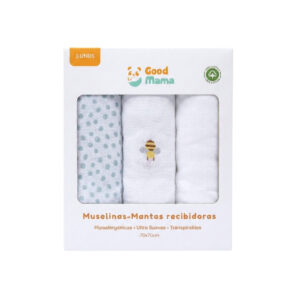 Muselinas mantas recibidoras para bebé - set de 3, abejitas, puntos y blanco - GoodMama