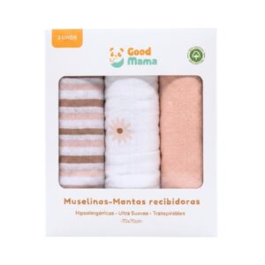 Muselinas mantas recibidoras para bebé - set de 3, margaritas, rosa y rayas - GoodMama