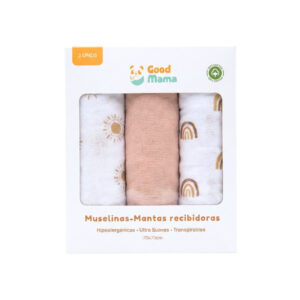 Muselinas mantas recibidoras para bebé - set de 3, sol, rosa y arcoíris - GoodMama