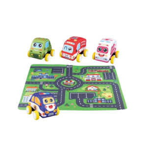 Set de 4 autos de tela suave con tapete de ciudad para bebé