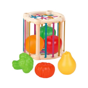 Cilindro de frutitas Montessori con bandas elásticas de colores y piezas de frutas